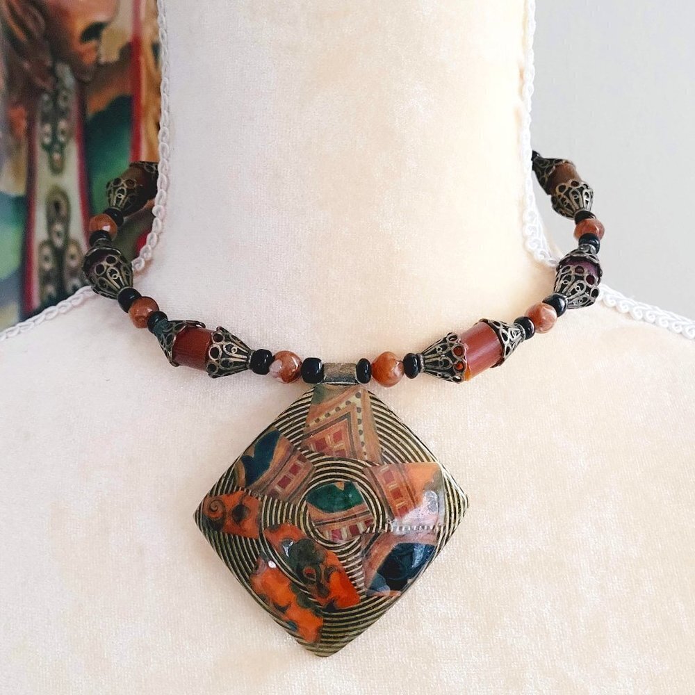 Chico's Bohemian Square Pendant Lucite Beaded Collar Wire Wrap Necklace